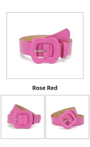 Close-up of rose red wide waist belt with matching rectangular buckle for women