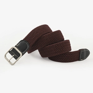 Deep brown elastic woven canvas belt with silver square buckle for men and women