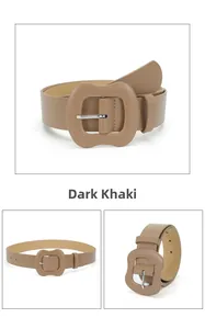 Detail of deep khaki women's belt featuring a matte finish and oversized rectangular buckle