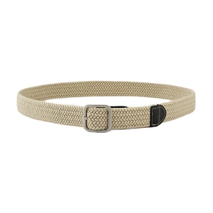 Elastic woven canvas belt with matte metal buckle and leather tip reinforcement