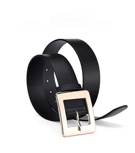 Close-up of black leather belt with golden square buckle in a coiled arrangement