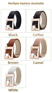 Detailed grid view of women's leather belts with square rose gold buckles in five colors