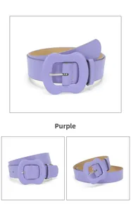 Three-view close-up of a purple fashion belt featuring a unique fabric-covered wave buckle