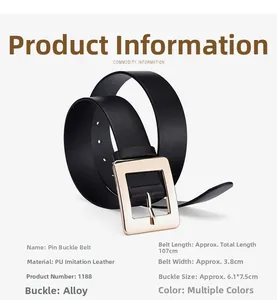 Detail view of 107cm black PU leather belt with square gold alloy buckle and dimensions