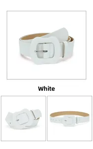 Close-up of white fashion waist belt with matching fabric covered square buckle detail