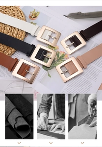 Detail of rectangular gold buckles and textured leather belts in four classic colors