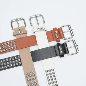 Punk leather belts with triple-row silver pyramid studs in khaki, white, brown and black