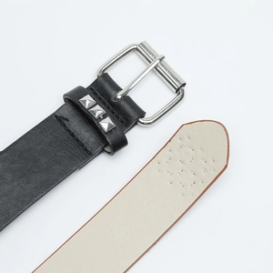 Punk black leather belt with silver pyramid studs and square buckle for men and women