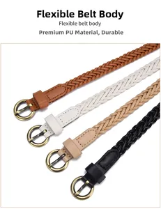 Detail view of thin woven PU leather belts in four colors with vintage bronze buckles