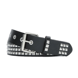 Punk style black leather belt with triple row silver pyramid studs and classic metal buckle