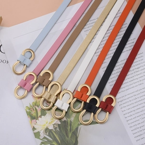 Women Minimalist Thin PU Leather Belt Fashionable Gold Double Ring Buckle Adjustable Skinny Waist Belt For Dress Accessories