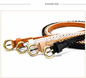 Detail of woven waist belts in four colors with vintage gold round buckles for dresses