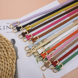 Minimalist slim women's belt with gold double-ring buckle in multiple colors
