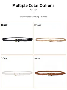 Detailed view of braided waist belts in black, white, khaki, and camel with metal buckles