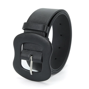 Minimalist black wide belt for women featuring a large wavy buckle and silver metal pin buckle