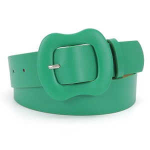 Women's bright green leather belt with oversized wavy buckle and silver pin detail