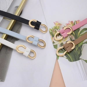 Elegant thin leather waist belts in five colors with matte gold double-ring buckles