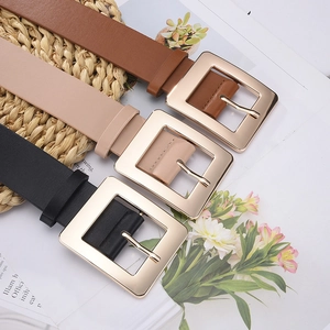Chic women's leather belt with large gold square buckle in black, beige, and brown colors