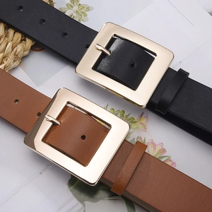 Minimalist leather belts in black and brown featuring large golden square buckles for women