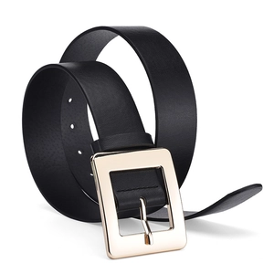 Classic black leather belt for women featuring a minimalist square gold buckle design