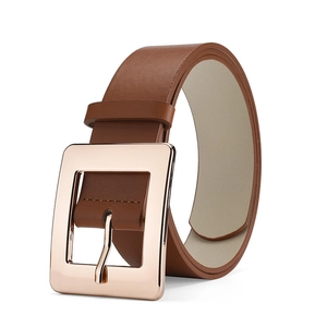 Minimalist caramel brown leather belt for women featuring a large square golden metal buckle