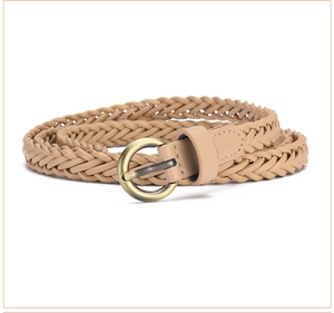 Detailed weave pattern of the khaki vintage braided belt with round bronze buckle