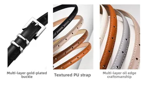 Detail of multi-plated silver buckles and textured PU leather straps on thin belts