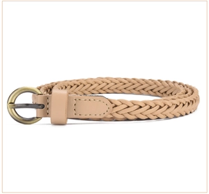 Detail view of khaki woven belt with retro antique bronze buckle for summer dresses