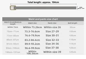 Size chart for women's slim leather belt with length and waist measurement guides