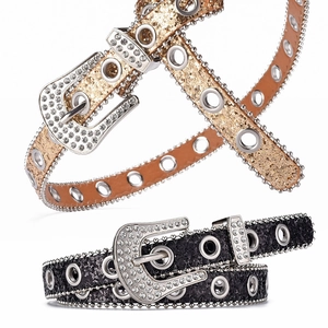 Women Y2K Sequins Rhinestone Belt Punk Fashion Glitter PU Leather Waistband With Horsebuckle Metal Eyelets Decorative Belt