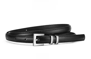 Detail view of black slim leather belt with silver square buckle and neat stitching