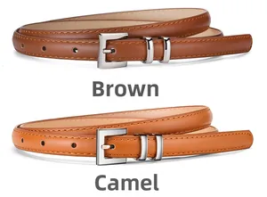 Detail view of slim brown and camel leather belts with silver square metal buckles