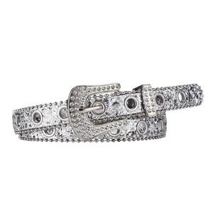 Sparkly silver Y2K waist belt with rhinestone buckle and eyelets on a white background