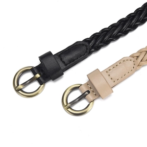 Woven skinny belts in black and beige with vintage bronze round buckles for dresses
