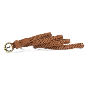Women's braided brown leather belt with vintage round bronze buckle for dresses