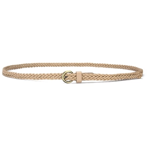 Thin khaki woven belt with retro bronze round buckle for women's summer dresses