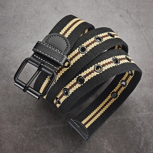 Men Casual Canvas Striped Belt Alloy Pin Buckle Decorative Hollow Eyelets Outdoor Student Youth Waistband Fashion Waist Strap