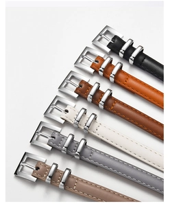 Collection of slim women's belts with silver square pin buckles in six classic colors