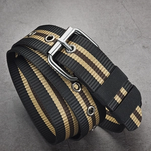 Men's striped canvas belt with silver metal eyelets and classic needle buckle