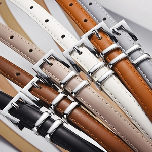 Minimalist slim leather belts with silver square buckles in various neutral colors for women