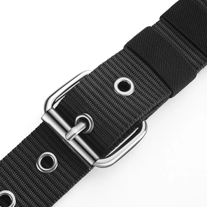 Men's fashion canvas belt with metal pin buckle and reinforced eyelets in black color