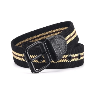 Striped canvas belt with black metal pin buckle and reinforced metal eyelets for casual wear
