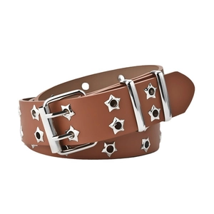 Brauner Damen-Punkgürtel mit zweireihigen silbernen Pentagramm-Ösen im Y2K-Stil