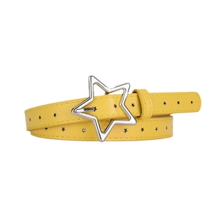 Bright yellow PU leather belt with star cutouts and a silver star-shaped buckle for women