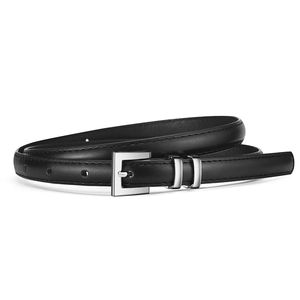 Classic minimalist black leather skinny belt for women with silver metal pin buckle
