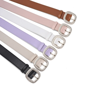 Women Fashion PU Leather Belt With Rhinestone Square Buckle Versatile Simple Decorative Waistband For Ladies Girls Accessory