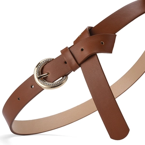 Elegant women's brown leather belt with gold rhinestone-studded circular buckle on white background