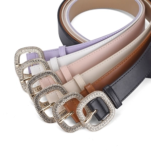 Women's fashion wide faux leather belts with luxury rhinestone square buckle in 5 colors