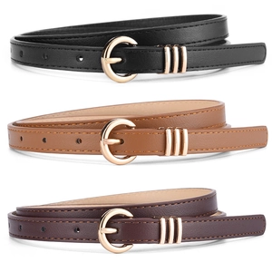 Ceinture Mince en Cuir PU Mode Douce pour Femmes Élégante Ceinture Décorative pour Robes Boucle Ronde Dorée Ceinture Fine