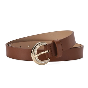 Elegant brown leather belt for women featuring a gold crescent buckle with rhinestones